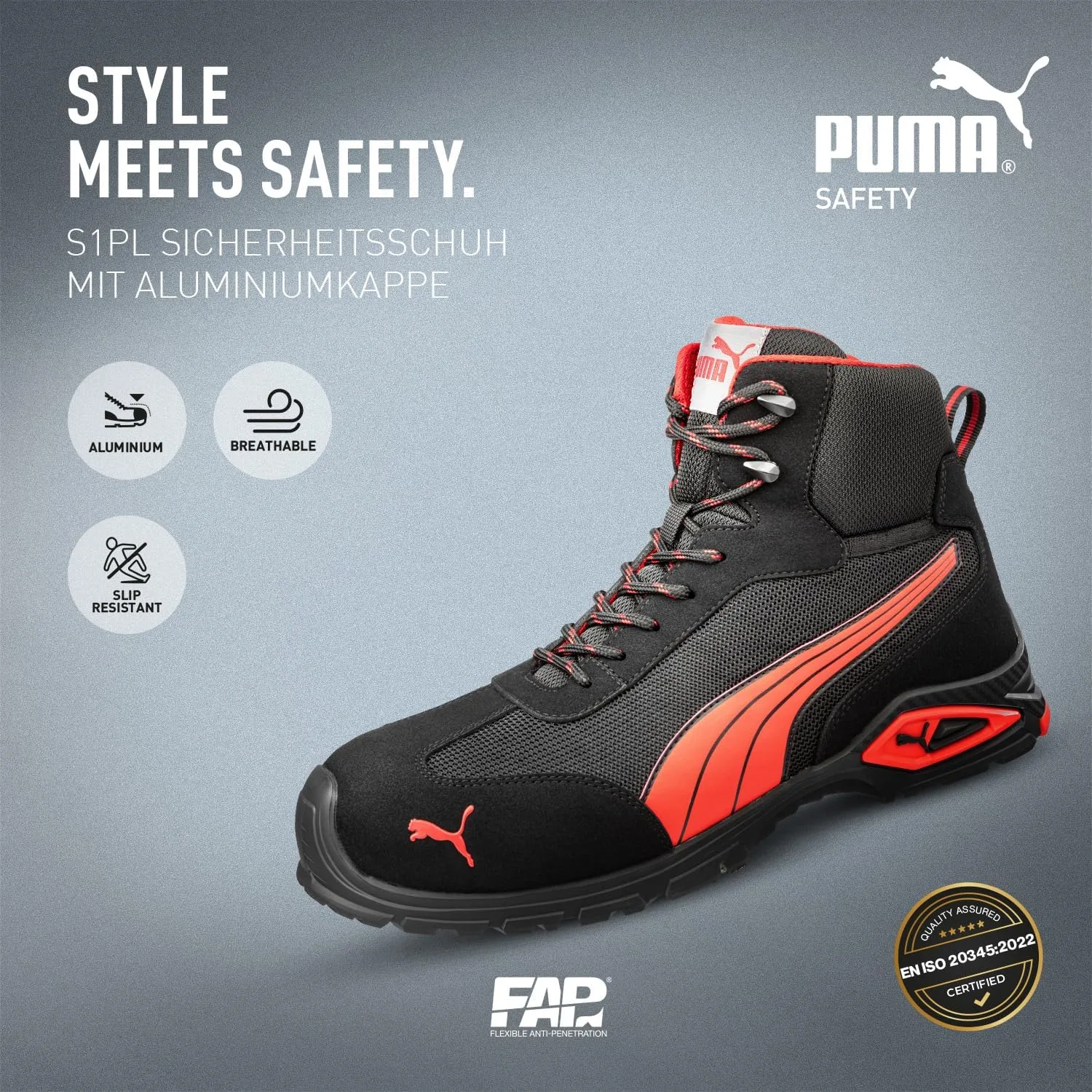 Мужские защитные ботинки PUMA Madrid MID S1PL с защитным носком и противоскользящим покрытием, черный/красный — фото 2