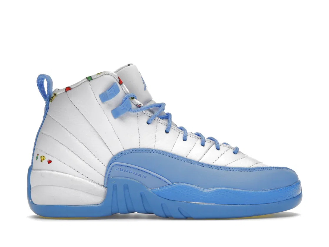 Детские кроссовки Lifestyle с принтом смайлов Jordan 12 Retro, White/Lemon Venom/Vivid Sulfur/University Blue