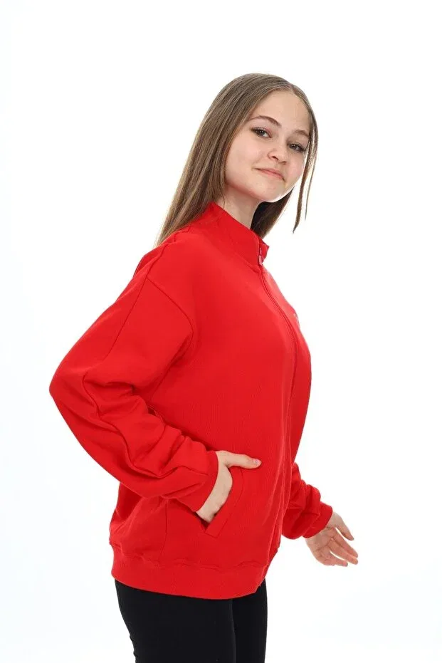 Детский кардиган для девочек с принтом Red girl's mock neck zippered pockets off-shoulder embroidery printed knitted cardigan -3 thread without sharudun Toontoy, Red — фото 2