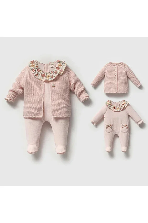 Детский комбинезон для девочек вельветовый с принтом Floral Collar Velvet Baby Girl Romper And Knitwear Cardigan Set Momercy, Pink