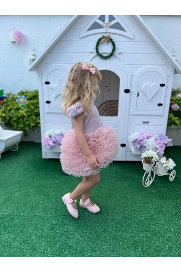 Детское платье для девочек с коротким рукавом Princess Trailing Detachable Ribbon Babymoon Kids, Powder — фото 4