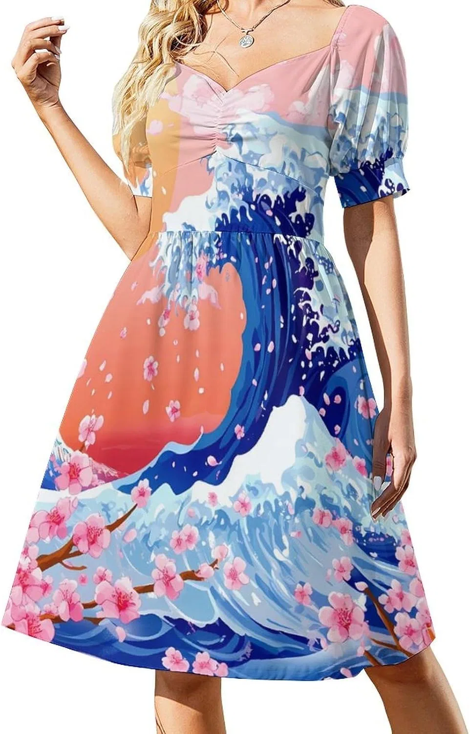Женское летнее платье A-силуэта с пышными рукавами The Great Wave Cherry, Style