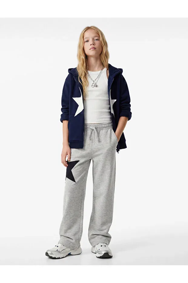 Детские спортивные штаны для девочек с принтом Star Embroidered Wide-Leg Sweatpants With Pockets And Tie-Waist Koton, Gray Melange