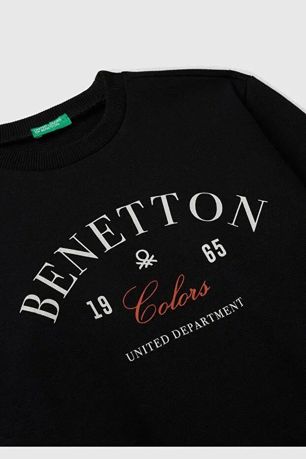 Детские свитшот для мальчиков с принтом Boy'S black crew neck regular fit sweatshirt with logo print on the front United Colors Of Benetton, Black — фото 3