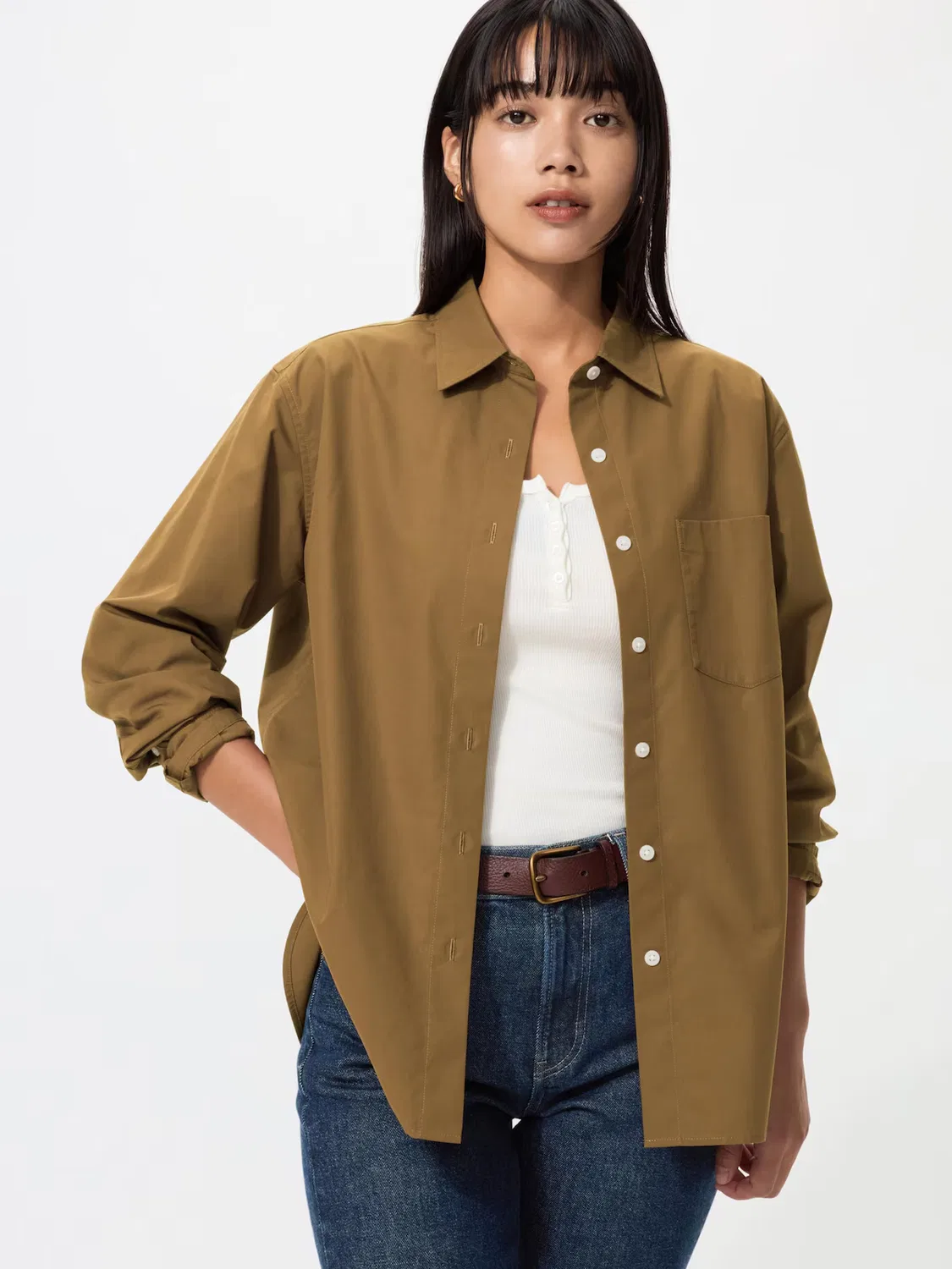 Рубашка Uniqlo, из смесовой хлопковой ткани, коричневый