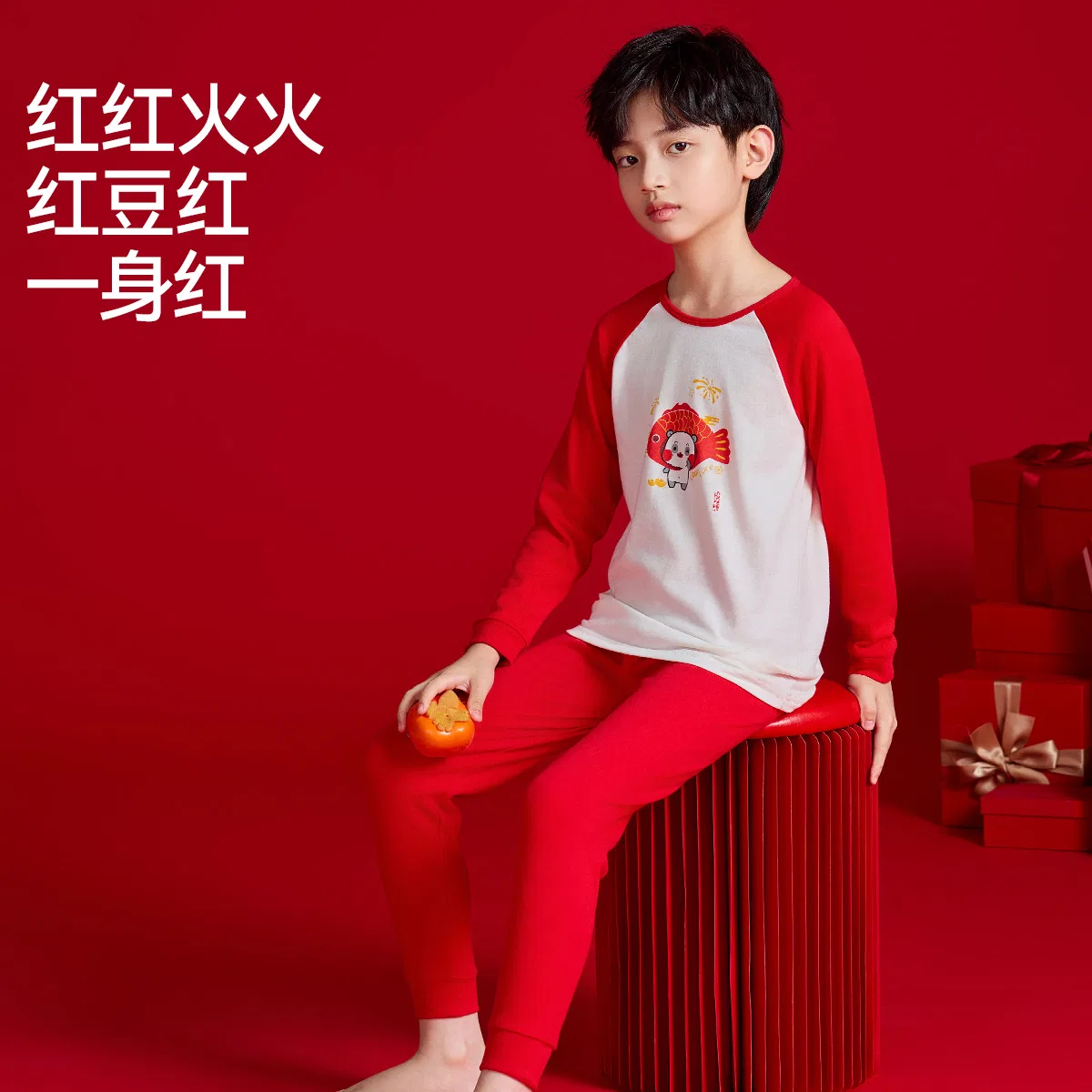 Детский комплект нижнего белья с круглым вырезом Red bean, China Red — фото 4