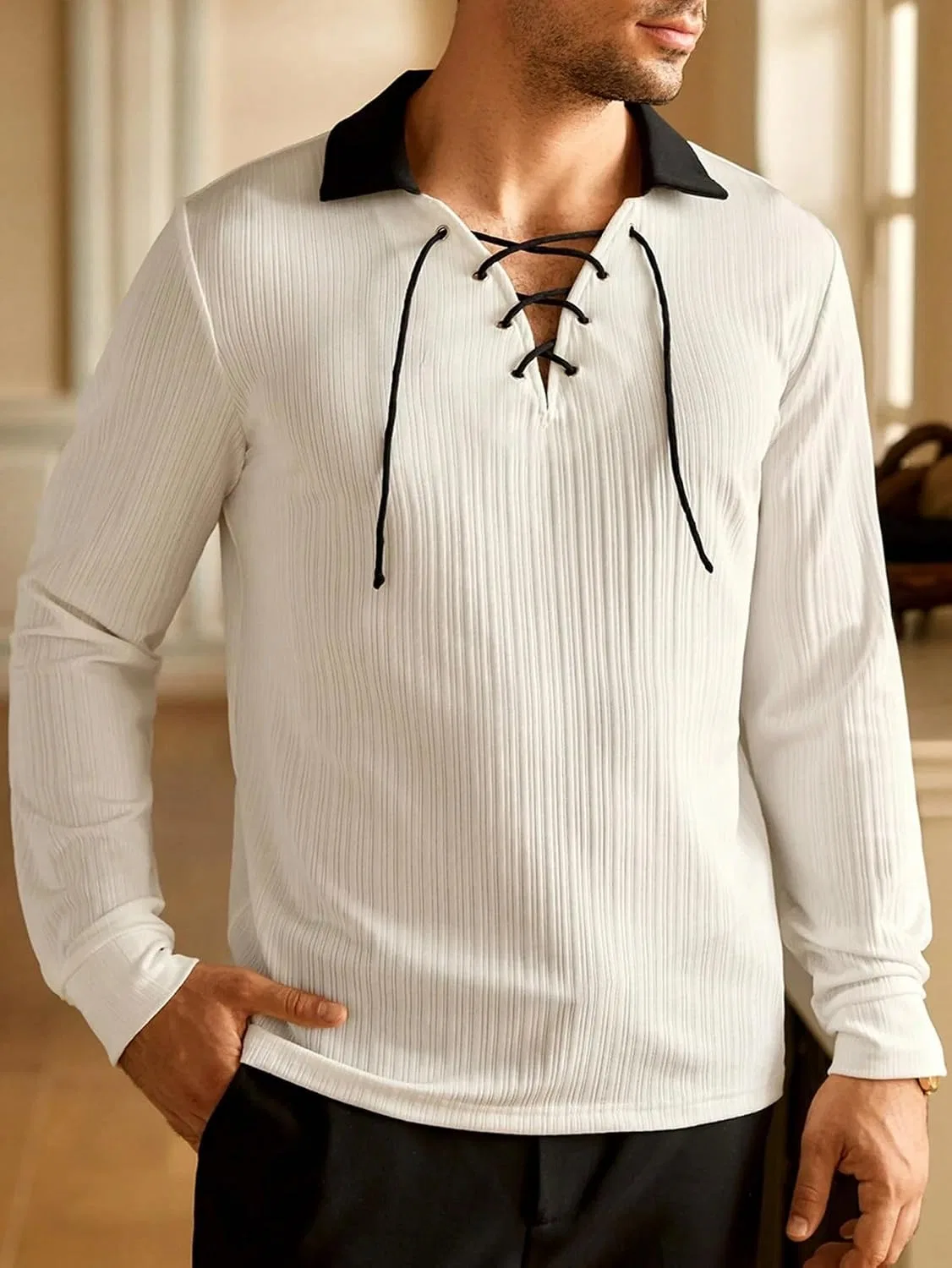 Мужская футболка с v-образным вырезом и завязками Raglan Long Sleeve, White — фото 3