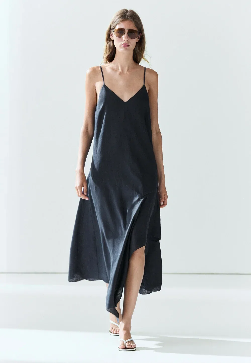 Асимметричное платье миди из 100% льна - платье макси Massimo Dutti, Dark Blue
