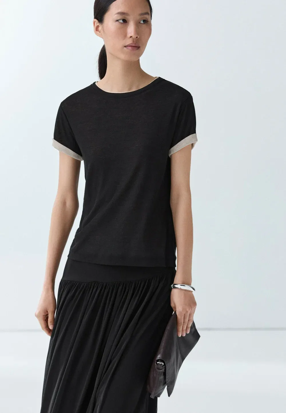 Двухслойная футболка с коротким рукавом - базовая футболка Massimo Dutti, Black — фото 3