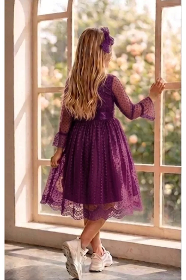 Детское платье для девочек с кружевом Guipure princess girl's dress with lace and buckle Rumi Kids, Purple — фото 3