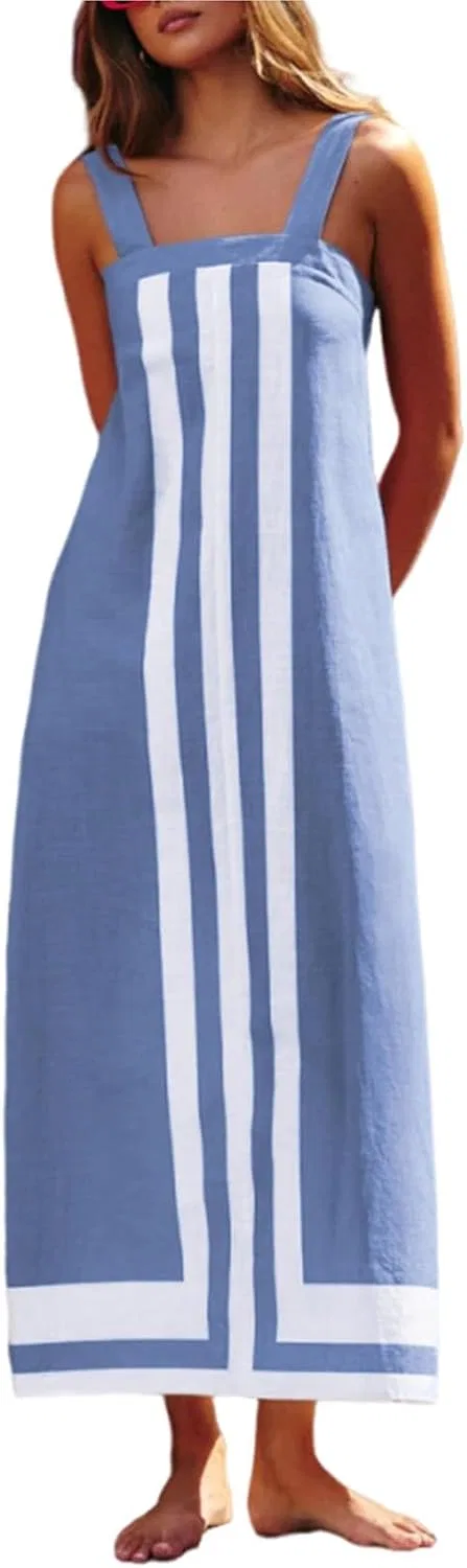 Женское цветное платье-макси с полосками, A003-light Blue