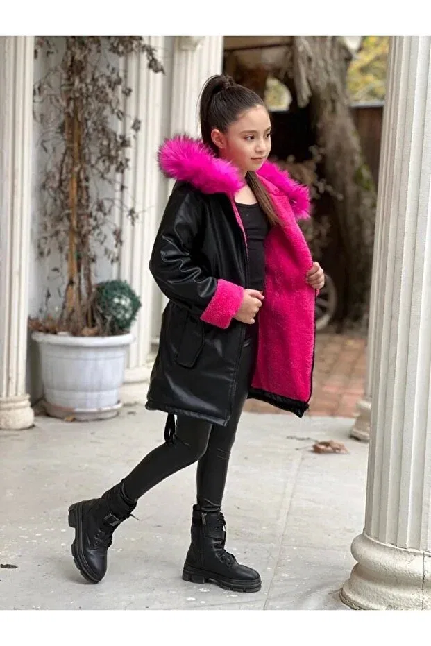 Детское пальто для девочек с капюшоном Black Leather Coat Dudor Kids, Black Fuchsia Pink — фото 4