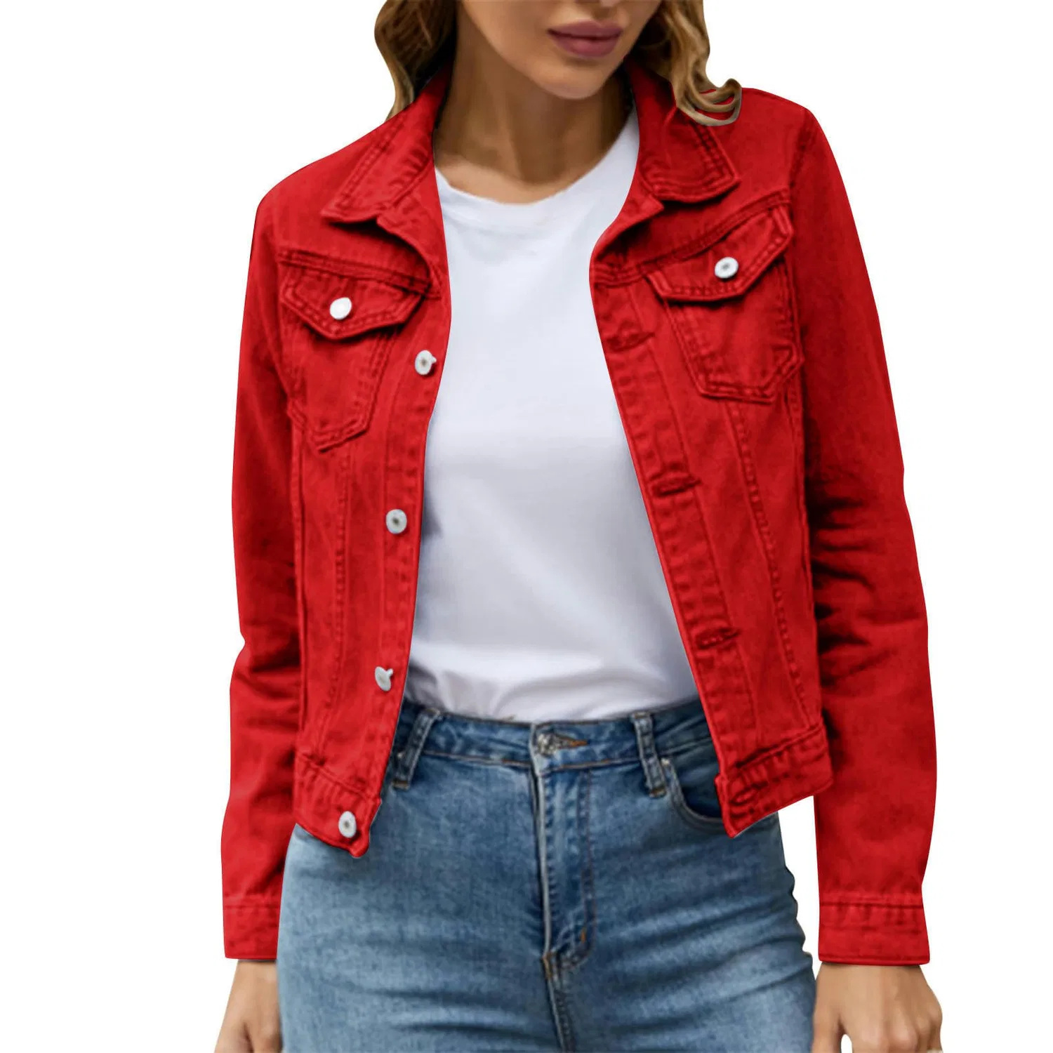 Женская джинсовая куртка с широким отворотом, модель Giacca Corta in Denim alla Moda con Risvolto Ampio Casual da Donna Giacca in Denim-Rosso-XXL, Rosso