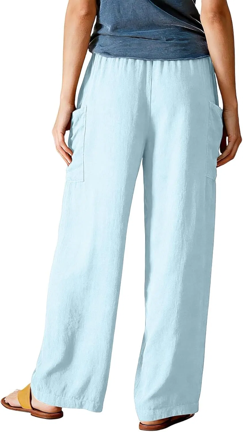 Женские широкие льняные брюки с завязкой, Light Blue — фото 3