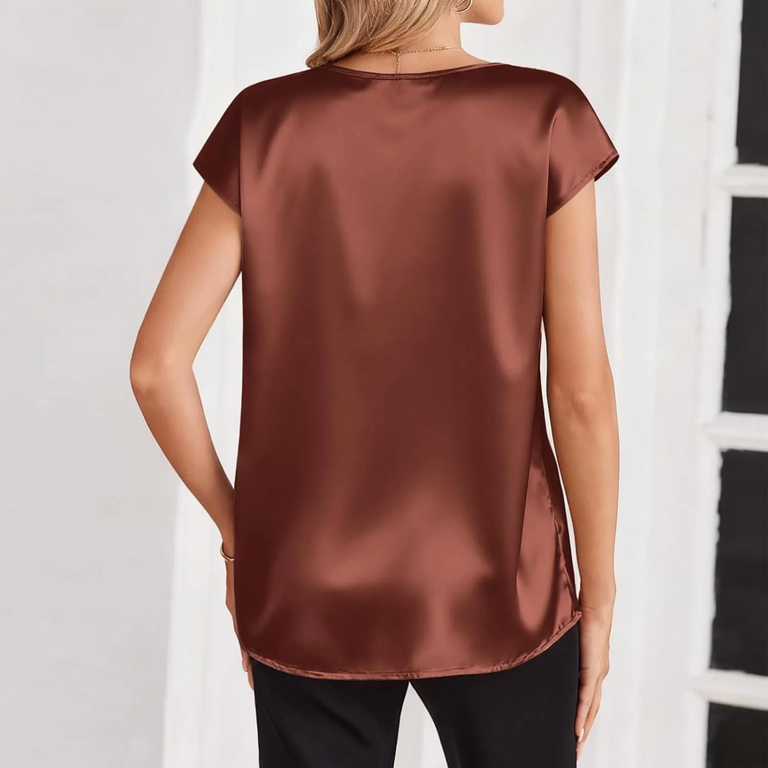 Женская футболка с капюшоном из сатина, Work Shirts for Women Plus Size, Coffee — фото 4