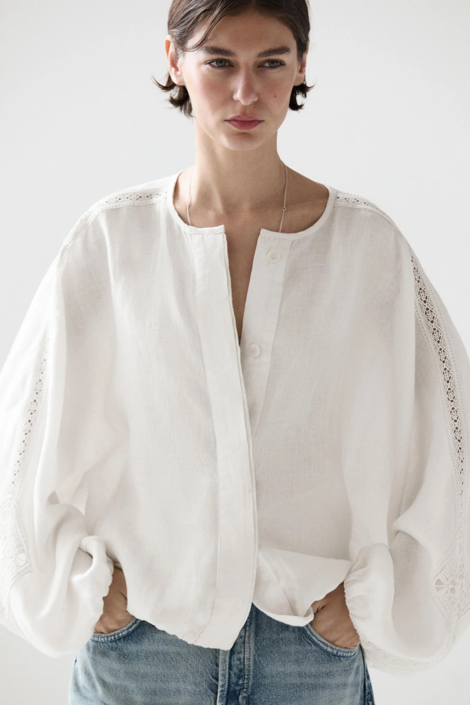Бомбер Massimo Dutti 100% Linen With Embroidered Detail, белый — фото 3