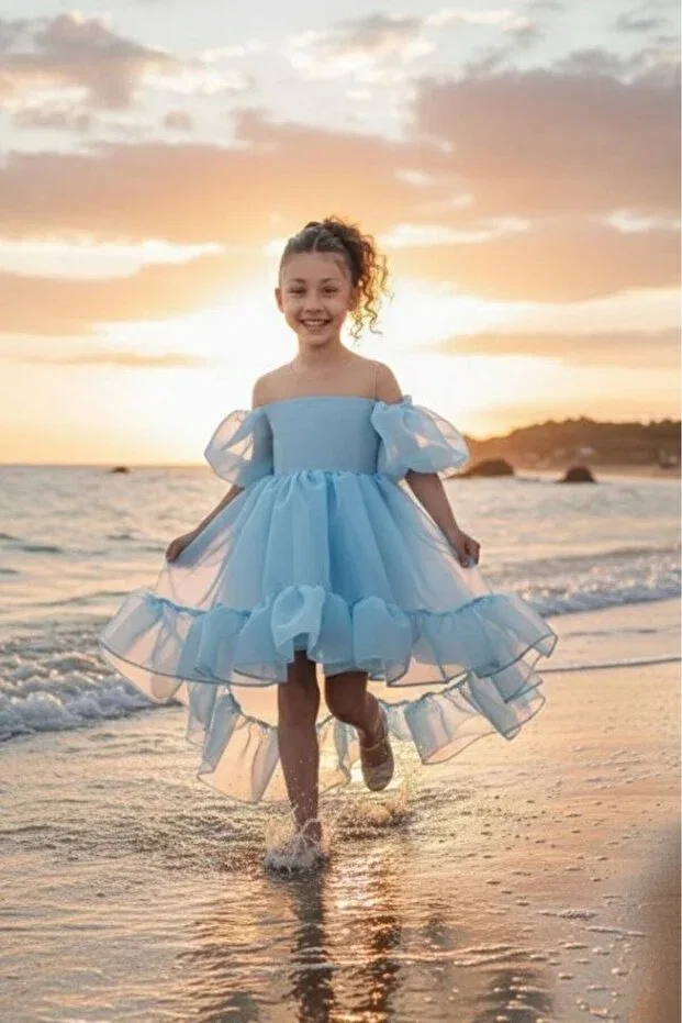 Детское платье для девочек с коротким рукавом Flared Madonna Collar Puffy Chiffon Luxurious Blue Children Evening Dress Abiyekids, Blue