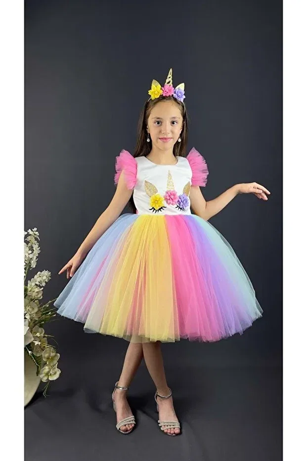 Детское платье для девочек с принтом Girl'S Crowned Dress With Colorful Tutu Skirt S.T. Sebat Tekstil, Pink — фото 2