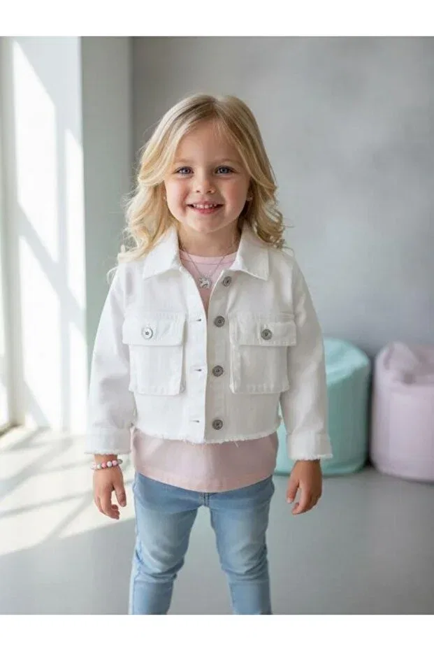 Детский джинсовое джакет для девочек с коротким рукавом Zekids, White — фото 4