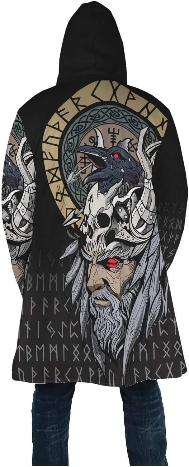 Мужское пальто с капюшоном с 3D-принтом Viking Mythology, Mid-Length Outerwear Casual Jacket, Odin Helm of Awe — фото 3