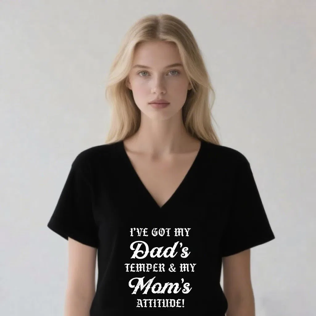 Женская футболка с принтом I Got My Dad’S Temper, Claret-vneck — фото 2