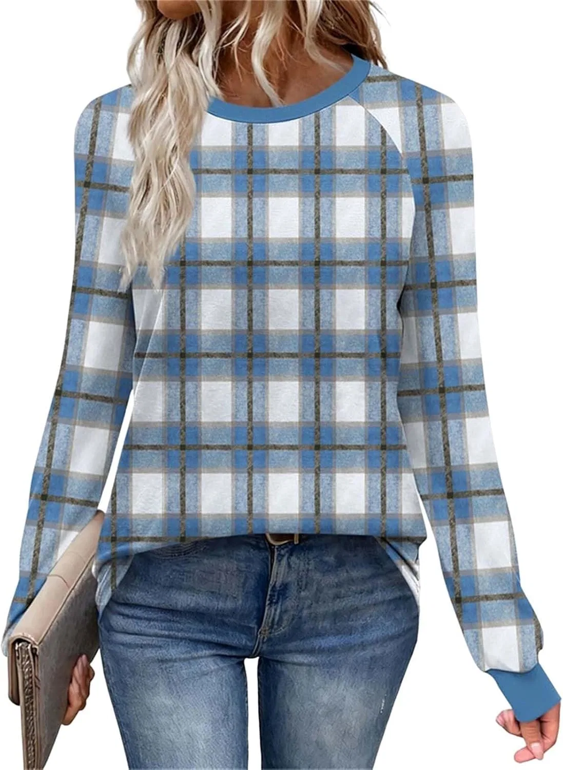 Женский свитшот с принтом Plaid Print, 1-Blue