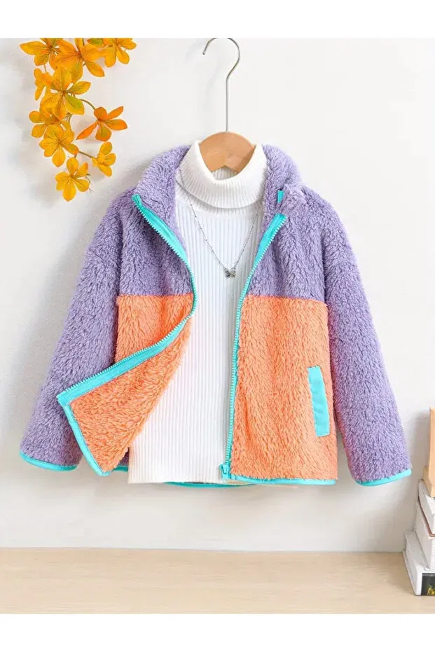 Детский кардиган с цветоблоком Zippered Cardigan With Soft Plush Texture Moda, Orange