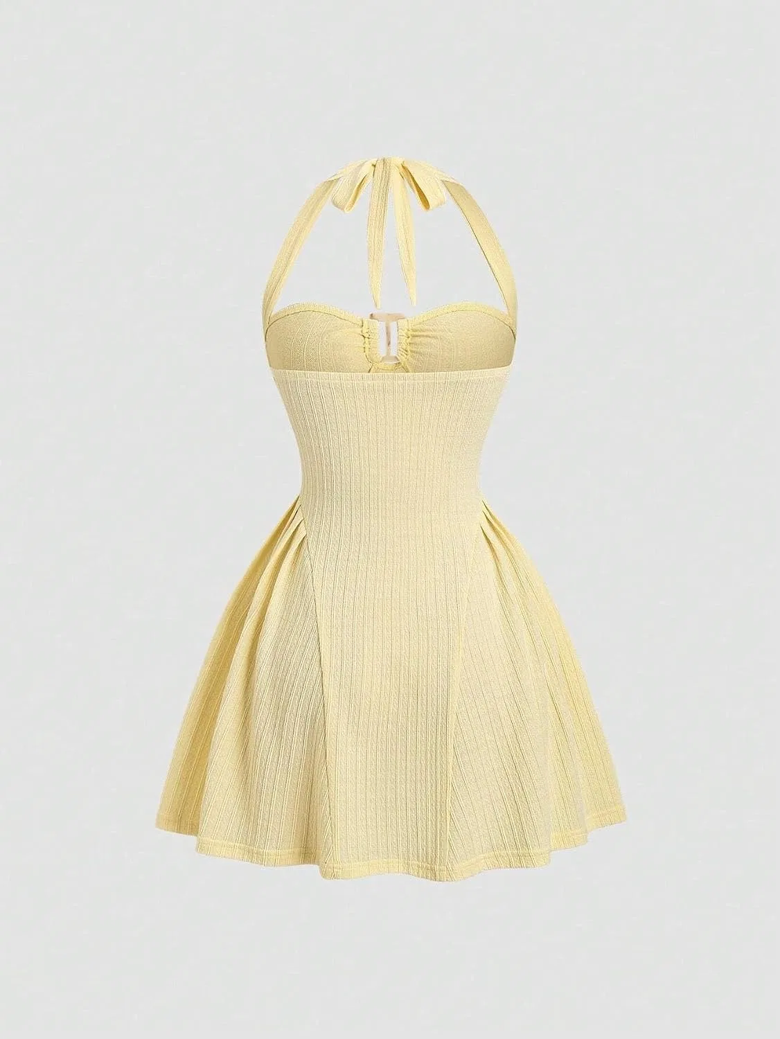 Женское повседневное мини-платье с открытой спиной Halter A-Line, Yellow — фото 3