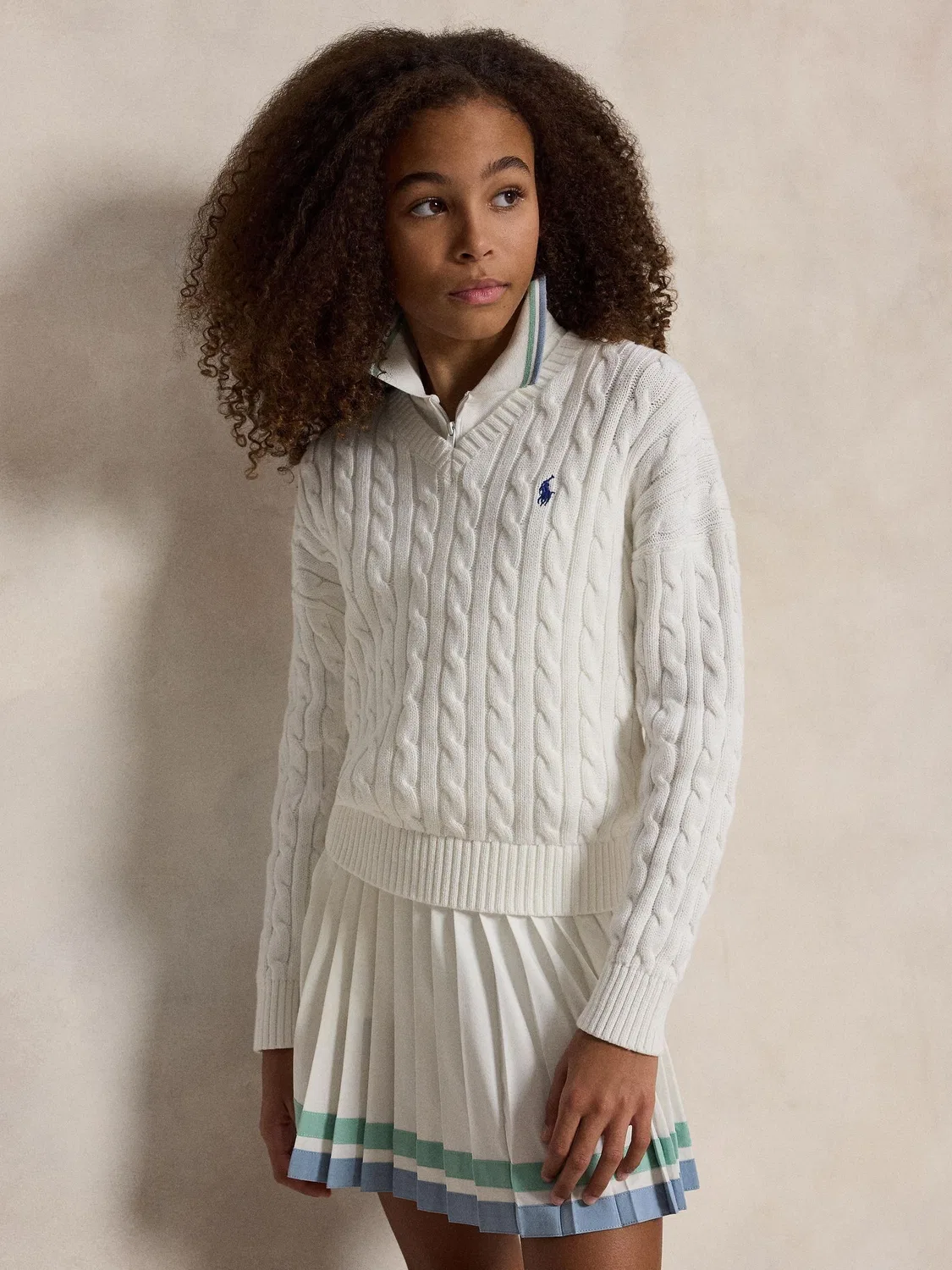 Джемпер с V-образным вырезом, кабельный трикотаж Polo Ralph Lauren, белый