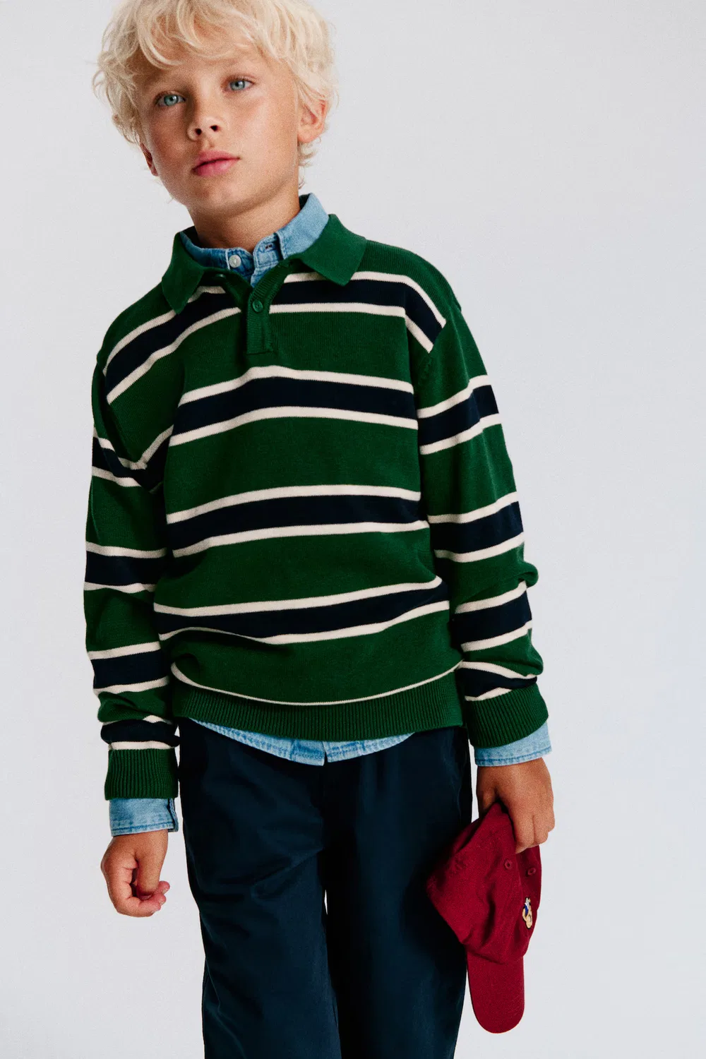 Хлопковый поло-свитер H&M, Dunkelgrün/Gestreift