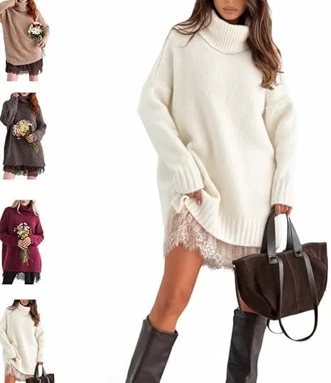 Женский свитер-платье с кружевной отделкой Turtleneck Sweater Mini Dress Set, 03