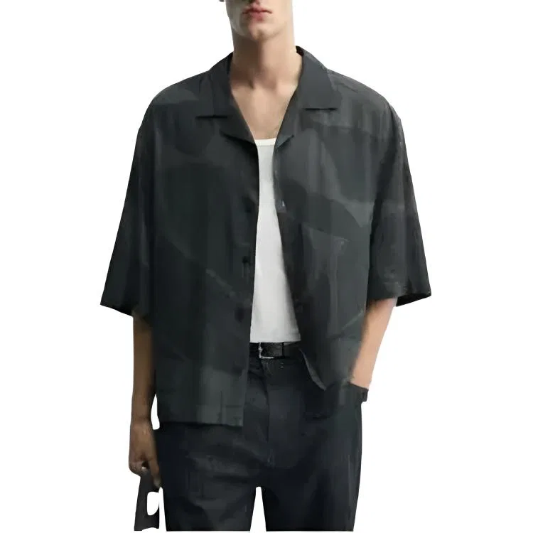 Мужская рубашка с кубинским воротником, темно-серая, ZARA — фото 4