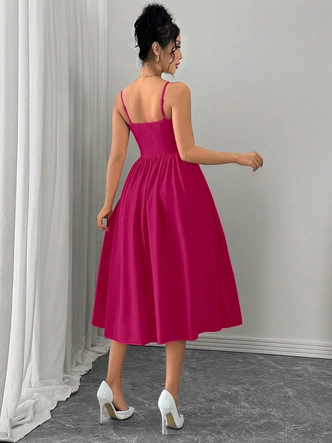 Женское элегантное миди-платье на бретельках с завышенной талией, Hot Pink — фото 2