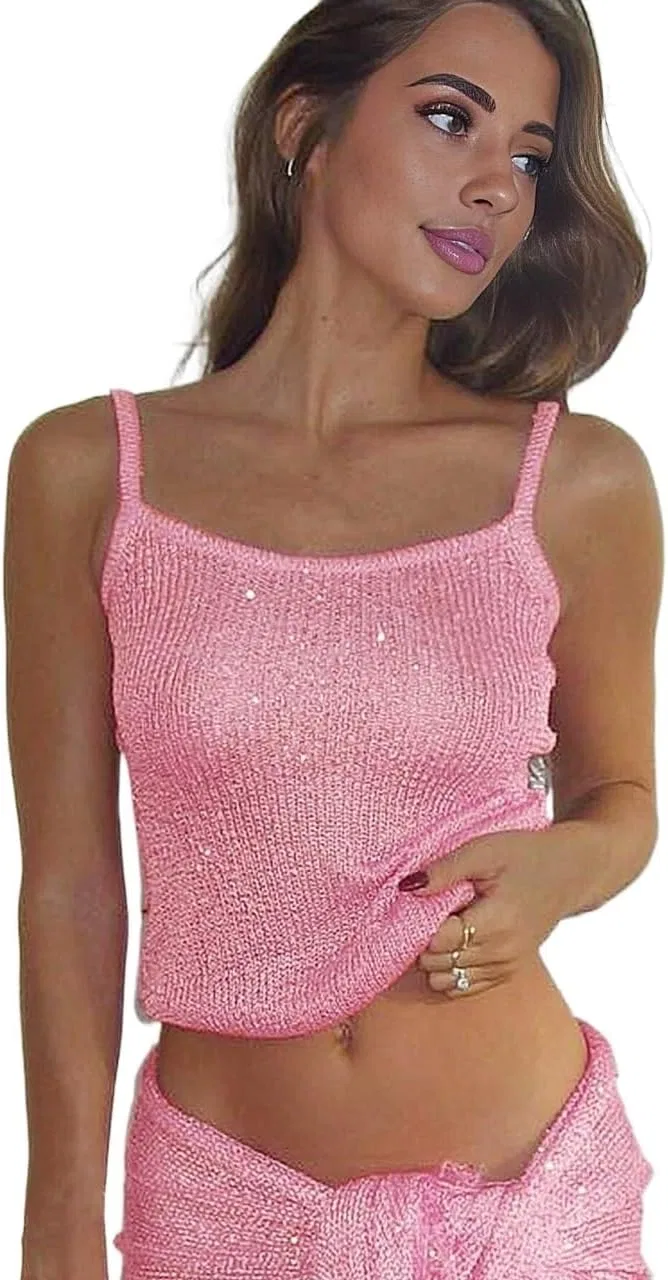 Женская пляжная накидка с бахромой Sleeveless Short Sleeve Pink Spaghetti Strap Camisole Top, Pink — фото 4