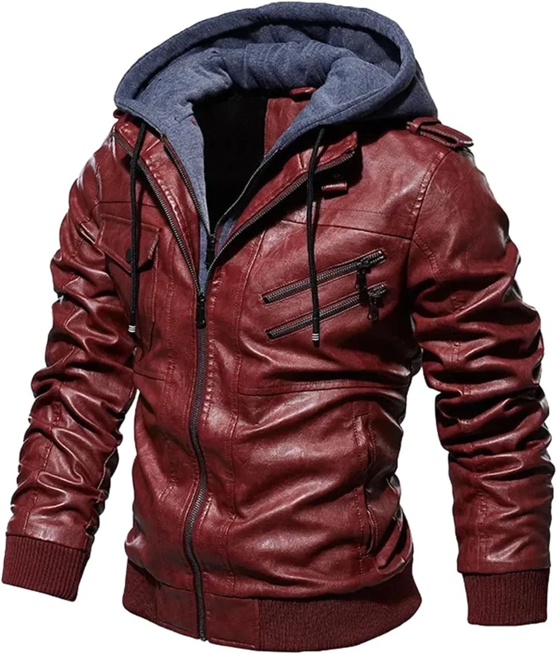 Мужская куртка из экокожи с флисовой подкладкой, с капюшоном, Albb-wind Red