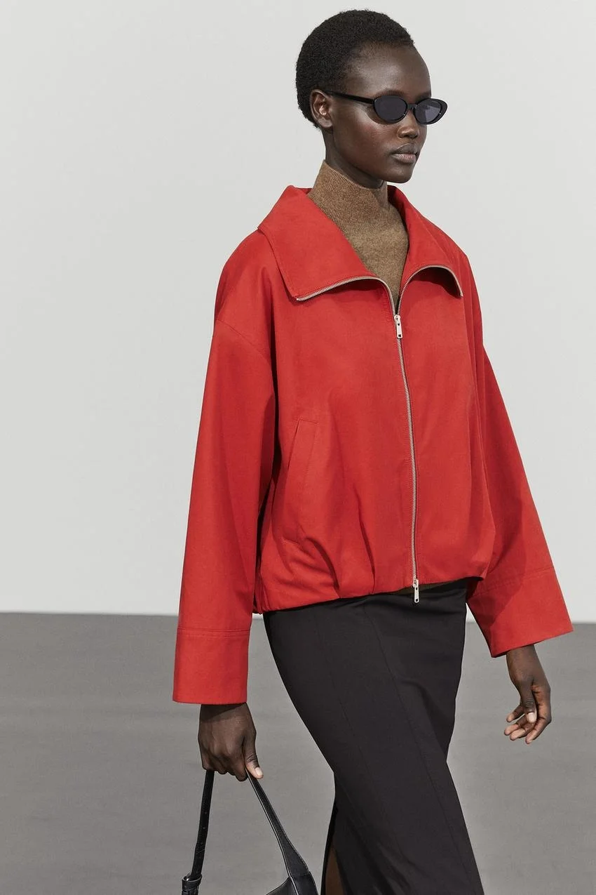 Бомбер Massimo Dutti, из смесовой хлопковой ткани со сборками, темно-розовый