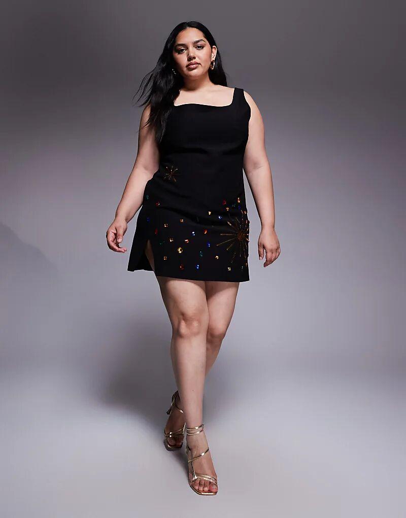 

Бархатное мини-платье Renee Studio с квадратным вырезом, небесными пайетками и драгоценными камнями, черное