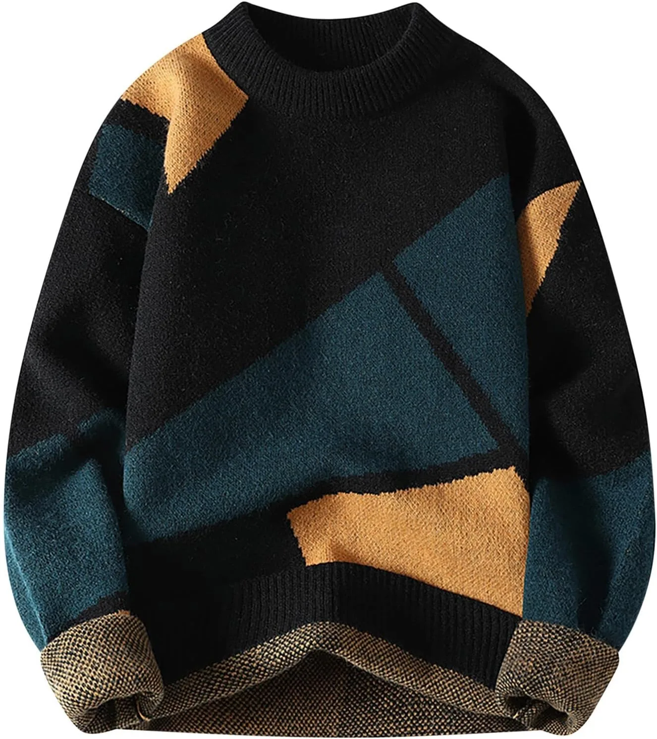 

Мужской свитер с геометрическим принтом и цветными блоками, Crew Neck, Plus Size AQAYL