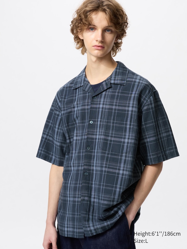 

Рубашка из льняной смеси короткий рукав, клетка Uniqlo, цвет 68 синий