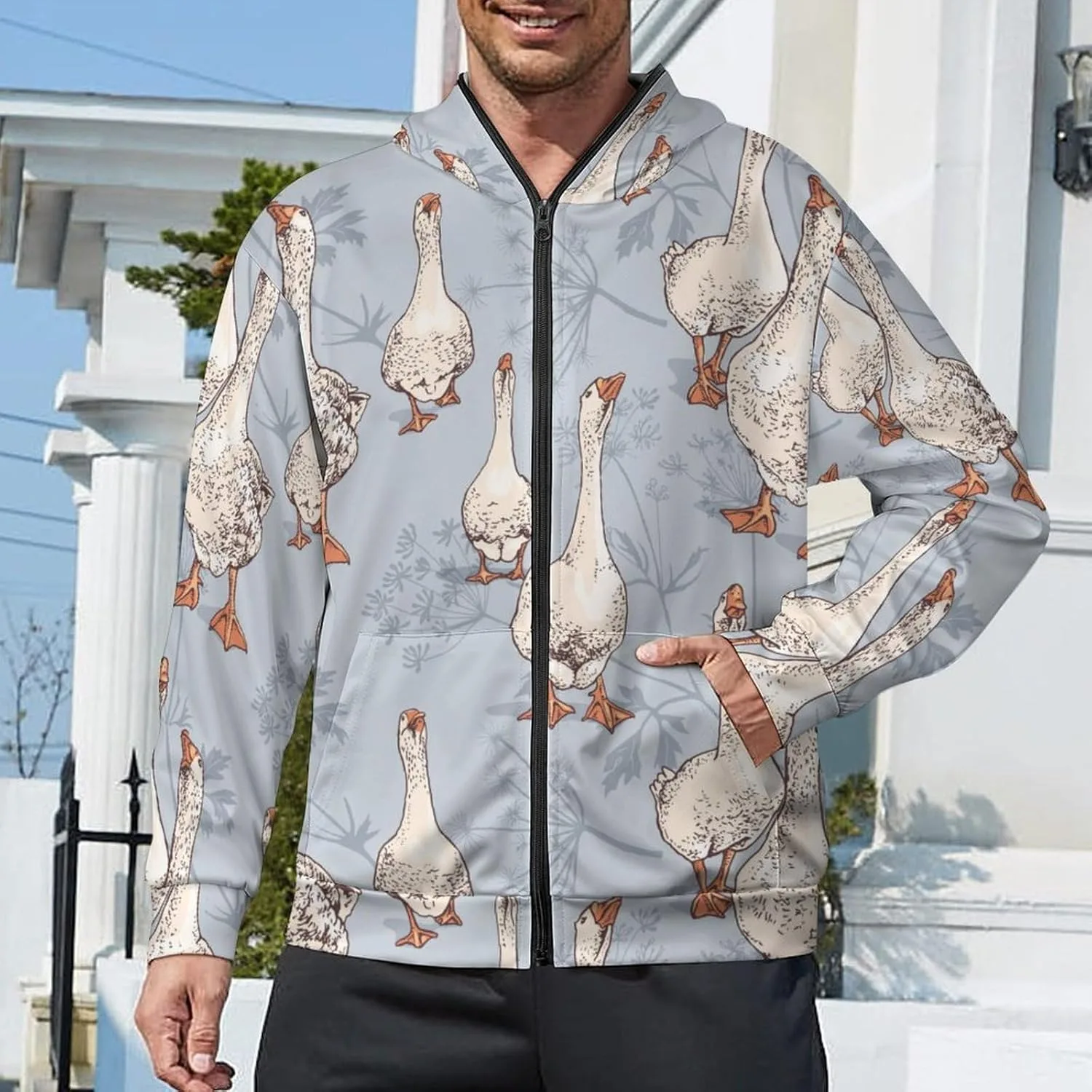 Goose Print мужская худи с капюшоном на молнии и карманами — фото 2