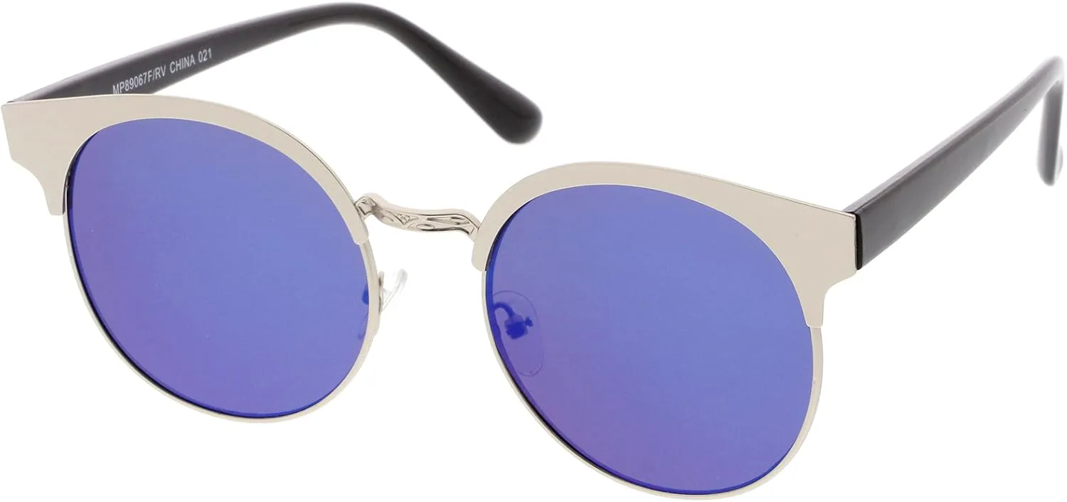 

zeroUV - Современные солнцезащитные очки в полуободковой оправе с цветными зеркальными плоскими круглыми линзами, диаметр линз 52 мм, Silver / Blue Mirror