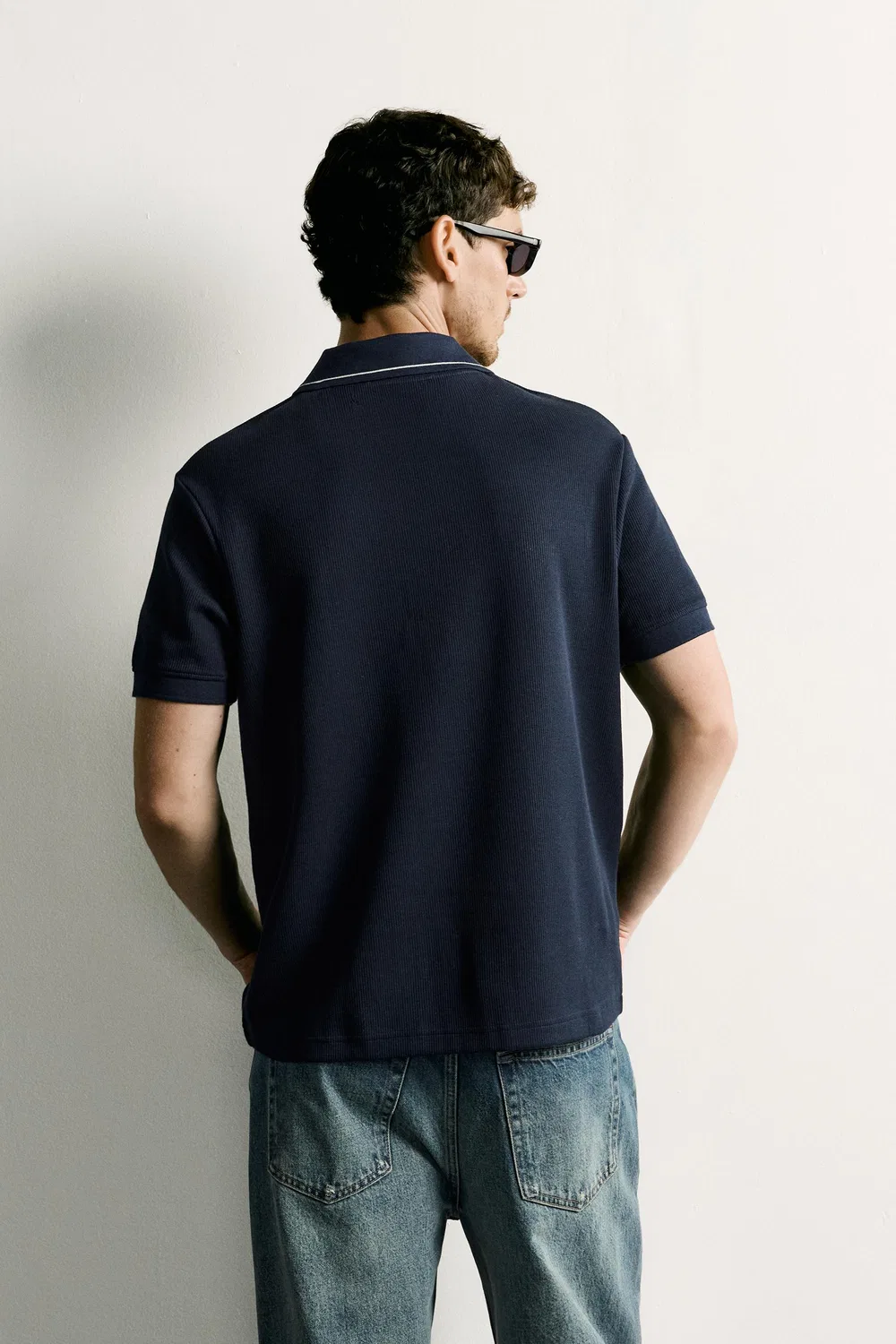 Контрастная рубашка-поло стандартного кроя ZARA, Navy blue — фото 3