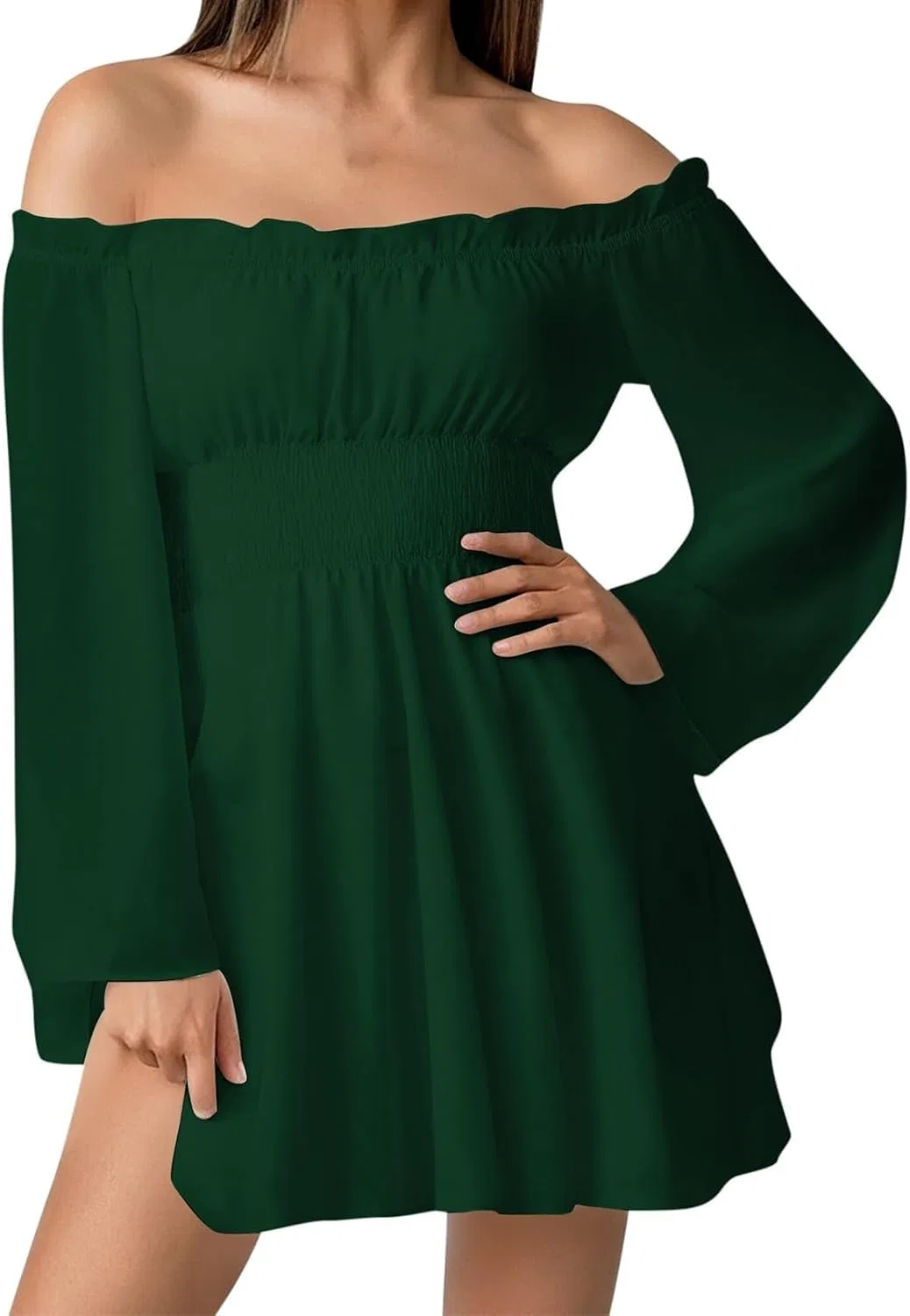 Женское платье-комбинезон с рукавом-фонарик, без бретелек, Solid Color, 02-Green