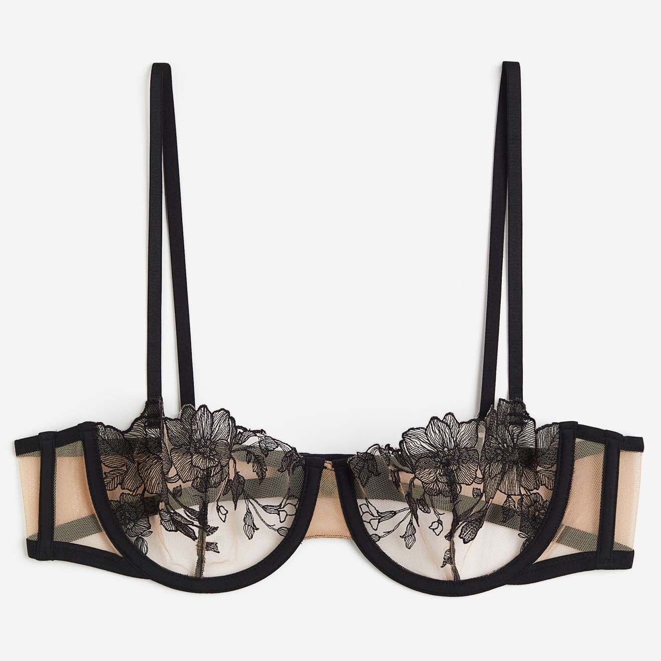 

Бюстгальтер H&M Non-padded Embroidered Balconette, светло-бежевый/черный