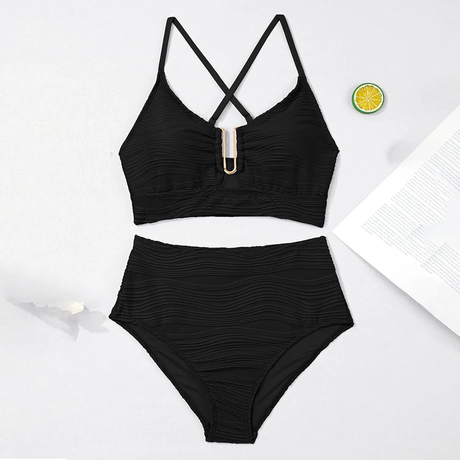 Женский купальник бикини с завышенной талией Hollow-Out V Neck, Black — фото 4
