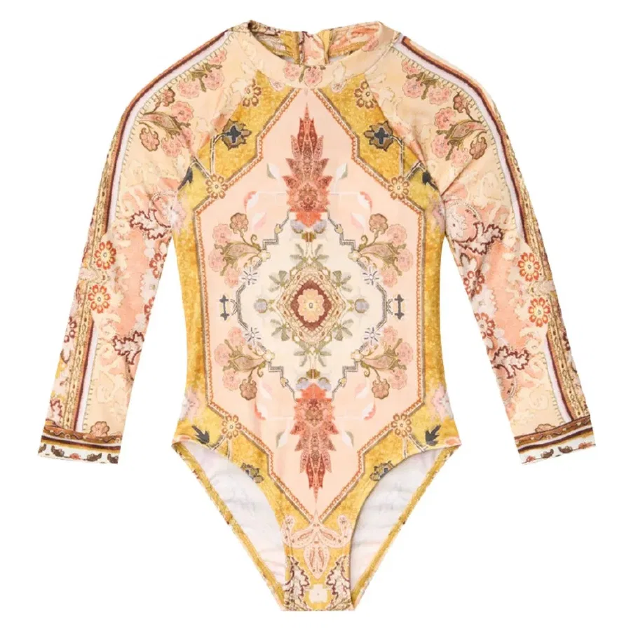 Купальник слитный с длинным рукавом и принтом Wylie Zimmermann, Mustard Multi