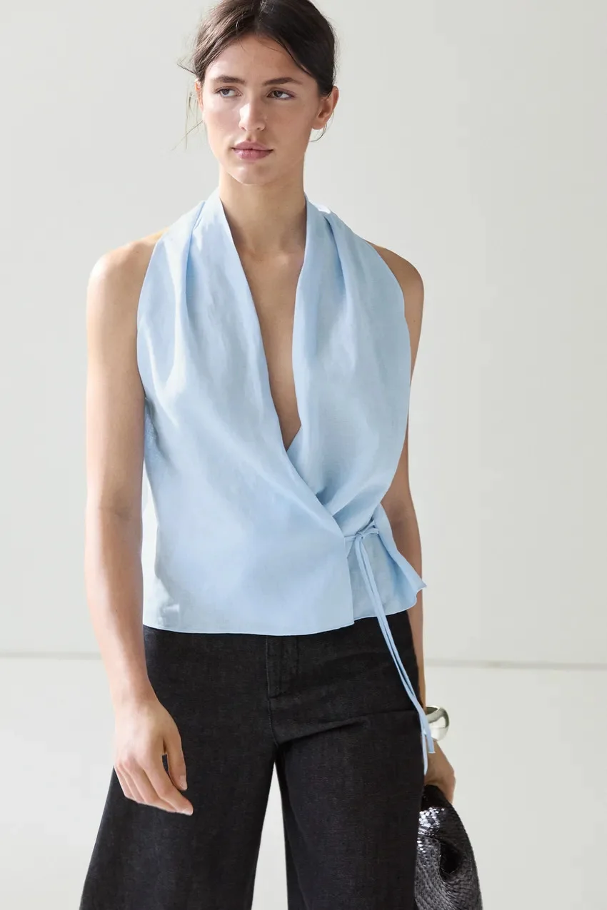 Топ Massimo Dutti из льна с открытыми плечами, небесно-голубой