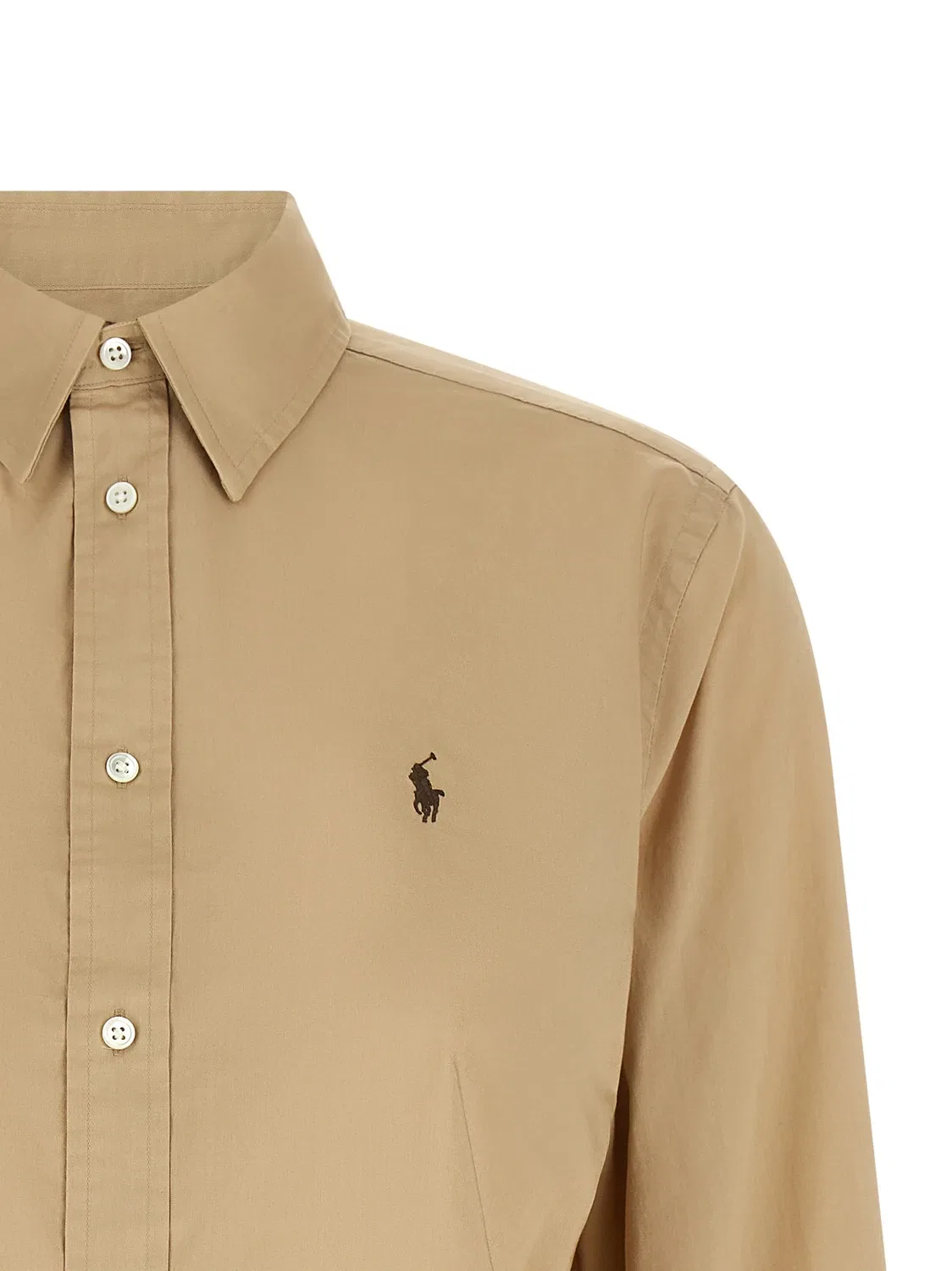Хлопковая рубашка с вышитым логотипом Polo Ralph Lauren, бежевый — фото 3