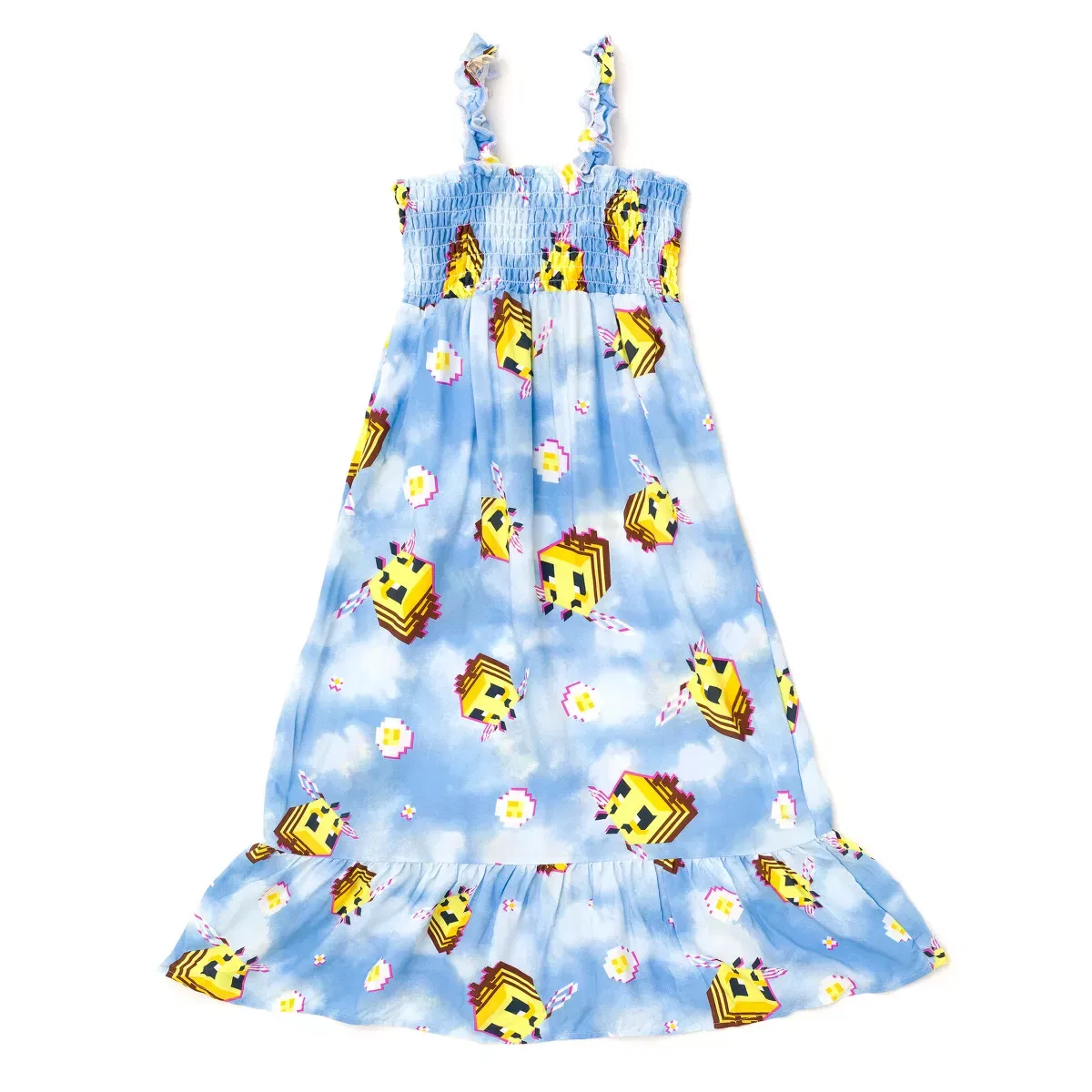 Детское платье для девочек с принтом Minecraft Bee Square Neck Smocked Maxi Dress Tie Dye, Blue