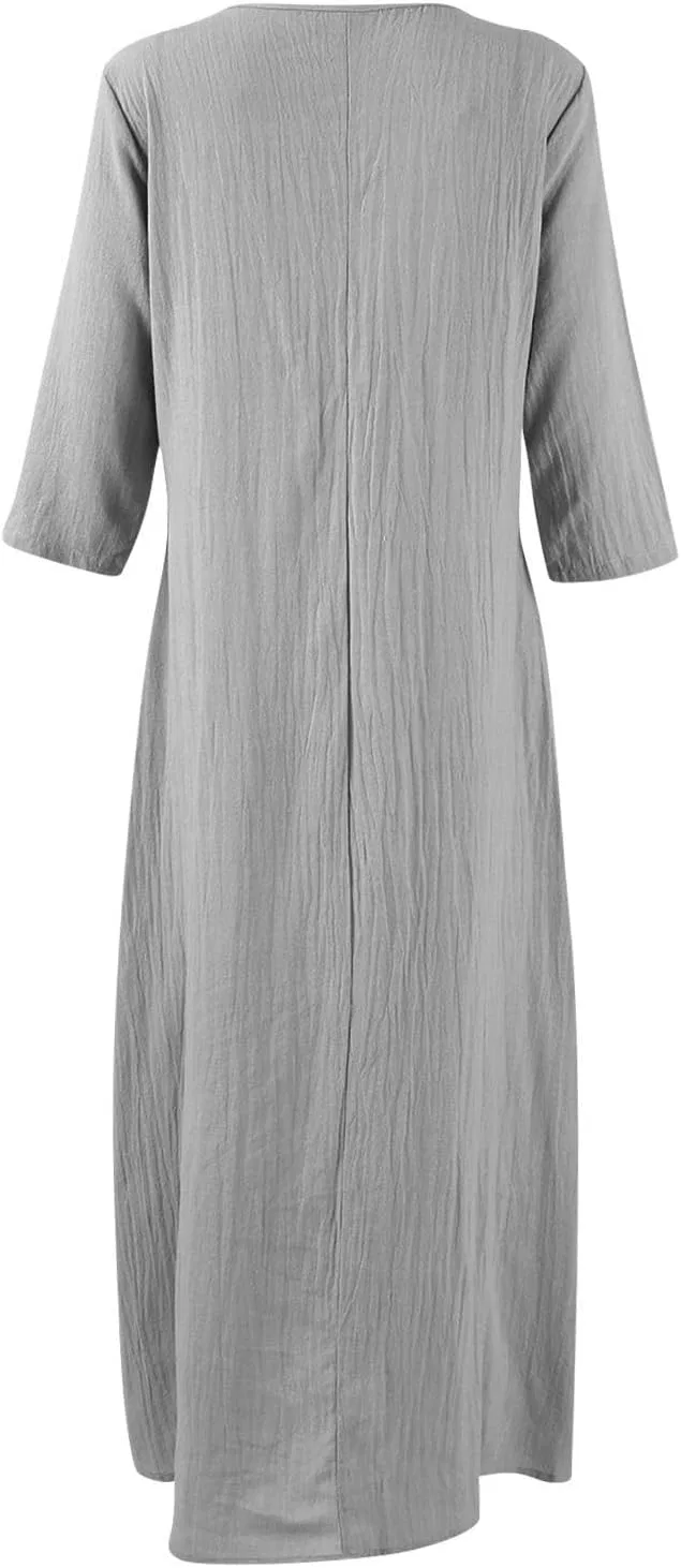 Женское летнее макси-платье богемного стиля с V-образным вырезом Cotton Linen Long Dress for Women, Grey — фото 3